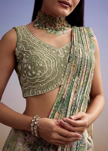 Green Floral Printed Saree With Embroidered Blouse