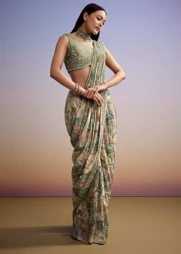 Green Floral Printed Saree With Embroidered Blouse