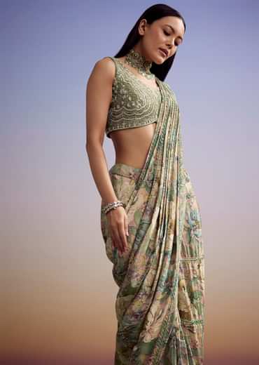 Green Floral Printed Saree With Embroidered Blouse