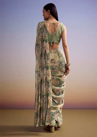 Green Floral Printed Saree With Embroidered Blouse