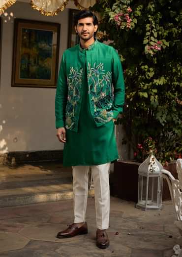 Green Floral Resham Embroidered Kurta Jacket Set