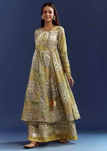 Green Floral Sleeveless Kurti With Gotta Lace And Angrakha Jacket