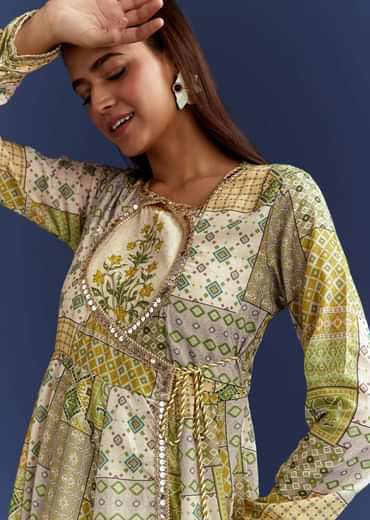 Green Floral Sleeveless Kurti With Gotta Lace And Angrakha Jacket
