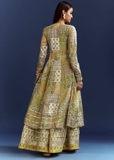 Green Floral Sleeveless Kurti With Gotta Lace And Angrakha Jacket