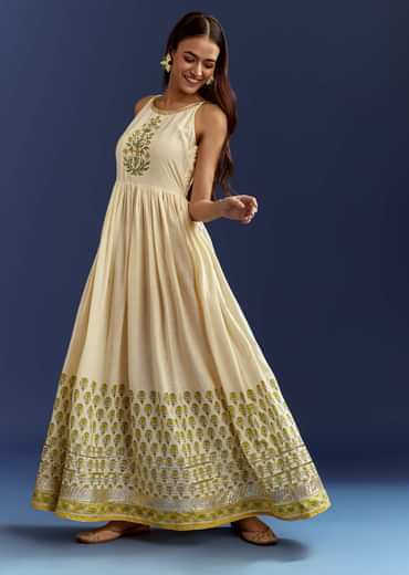 Green Floral Sleeveless Kurti With Gotta Lace And Angrakha Jacket