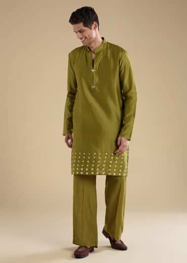 Green Foil Applique Chanderi Work Straight Mens Kurta Set