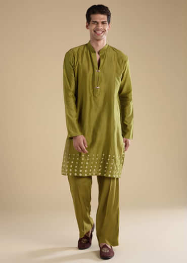 Green Foil Applique Chanderi Work Straight Mens Kurta Set
