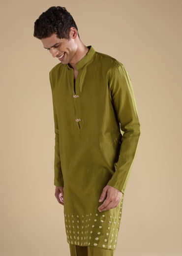 Green Foil Applique Chanderi Work Straight Mens Kurta Set