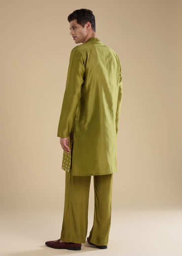 Green Foil Applique Chanderi Work Straight Mens Kurta Set