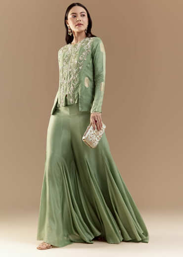 Green Fusion Silk Crop Top and Pant Set with Moti Work