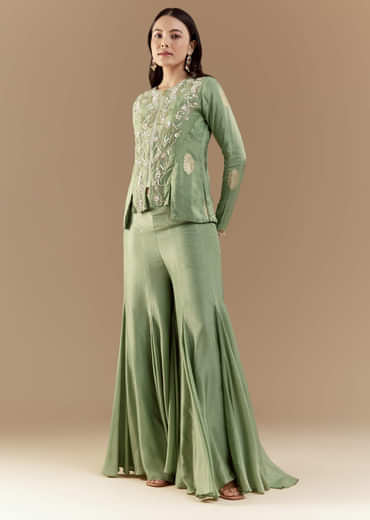 Green Fusion Silk Crop Top and Pant Set with Moti Work