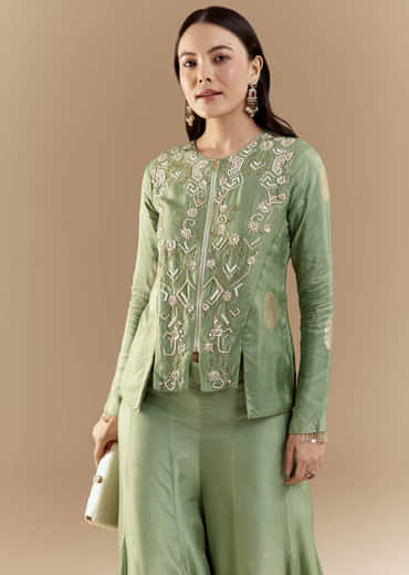 Green Fusion Silk Crop Top and Pant Set with Moti Work