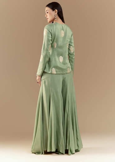 Green Fusion Silk Crop Top and Pant Set with Moti Work
