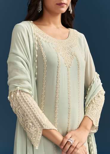 Green Georgette Kurta Set With Beads Detailing