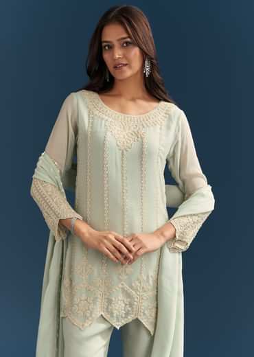 Green Georgette Kurta Set With Beads Detailing