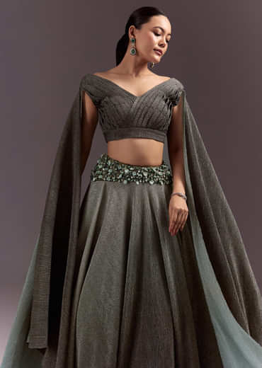 Green Georgette Lehenga Dupatta Set With Self Stone And Bead Work