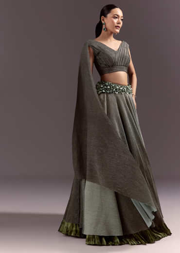 Green Georgette Lehenga Dupatta Set With Self Stone And Bead Work