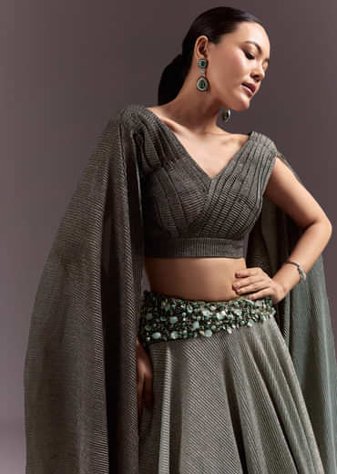 Green Georgette Lehenga Dupatta Set With Self Stone And Bead Work