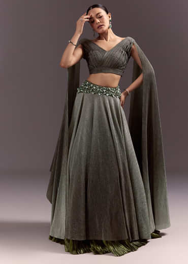 Green Georgette Lehenga Dupatta Set With Self Stone And Bead Work