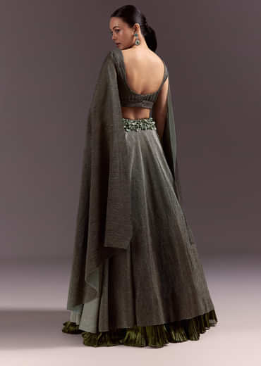 Green Georgette Lehenga Dupatta Set With Self Stone And Bead Work