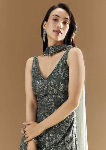 Green Georgette Palazzo Set with Choker Dupatta