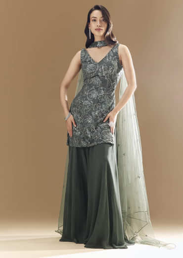 Green Georgette Palazzo Set with Choker Dupatta