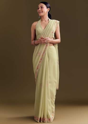 Green Georgette Saree With Kashmiri Bud Embroidery