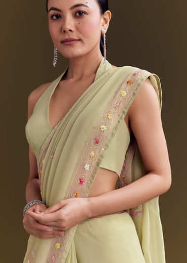 Green Georgette Saree With Kashmiri Bud Embroidery