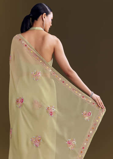 Green Georgette Saree With Kashmiri Bud Embroidery