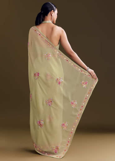 Green Georgette Saree With Kashmiri Bud Embroidery