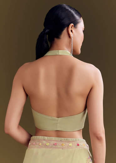 Green Georgette Saree With Kashmiri Bud Embroidery