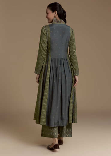 Green Indie Print Cotton Kurta Set with Thread Work