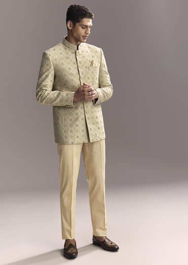 Green Jacquard Jodhpuri Suit For Men With Subtle Embroidery