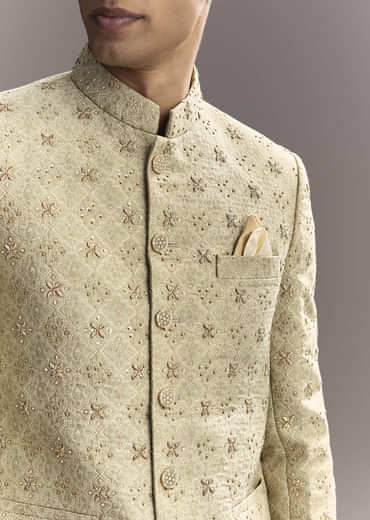 Green Jacquard Jodhpuri Suit For Men With Subtle Embroidery