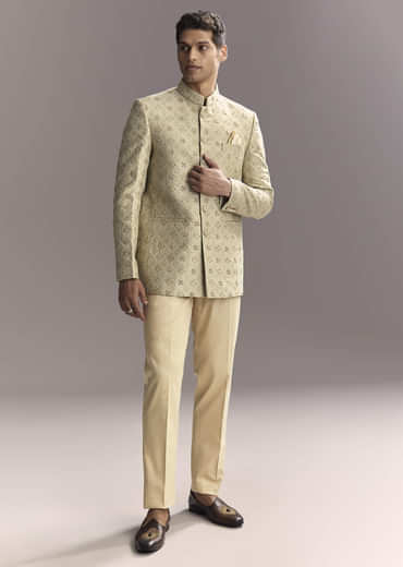 Green Jacquard Jodhpuri Suit For Men With Subtle Embroidery