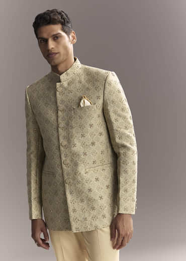 Green Jacquard Jodhpuri Suit For Men With Subtle Embroidery