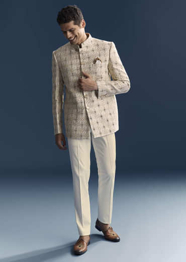 Green Jacquard Jodhpuri Suit For Men With Zardosi And Sequins Embroidery