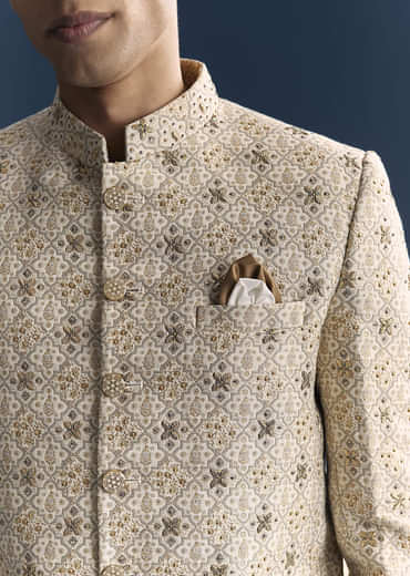 Green Jacquard Jodhpuri Suit For Men With Zardosi And Sequins Embroidery