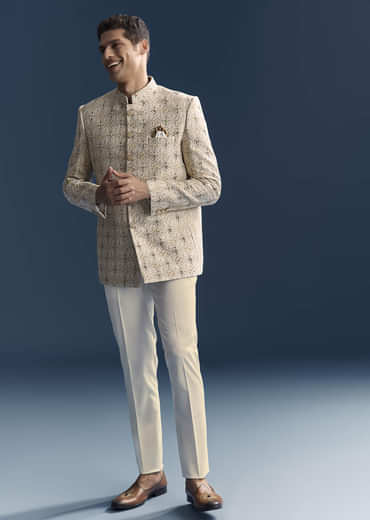 Green Jacquard Jodhpuri Suit For Men With Zardosi And Sequins Embroidery