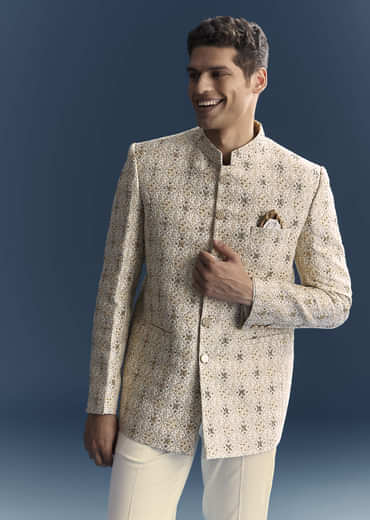 Green Jacquard Jodhpuri Suit For Men With Zardosi And Sequins Embroidery