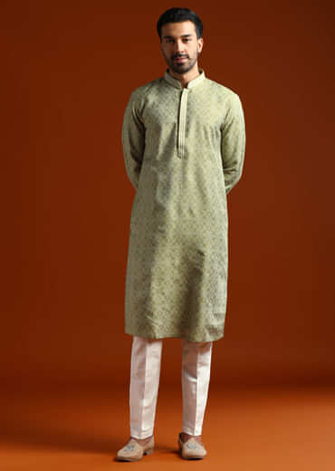 Green Jacquard Kurta Set For Men With Subtle Print