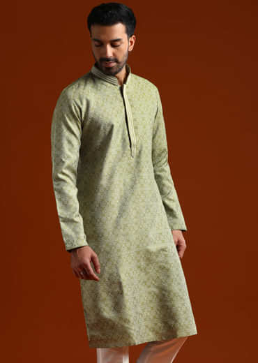 Green Jacquard Kurta Set For Men With Subtle Print