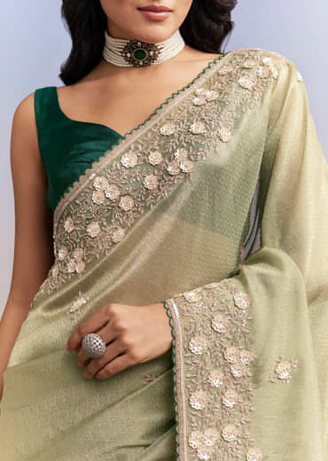 Green Jacquard Tissue Saree With Heavy Hand Embroidery