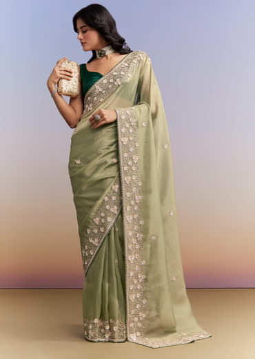 Green Jacquard Tissue Saree With Heavy Hand Embroidery