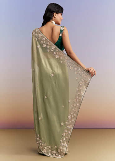 Green Jacquard Tissue Saree With Heavy Hand Embroidery