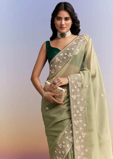 Green Jacquard Tissue Saree With Heavy Hand Embroidery