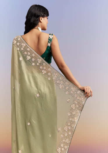 Green Jacquard Tissue Saree With Heavy Hand Embroidery