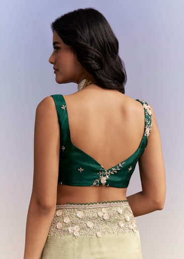 Green Jacquard Tissue Saree With Heavy Hand Embroidery