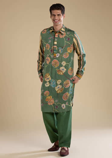 Green Kalamkari Mens Kurta and Pant Set