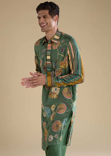 Green Kalamkari Mens Kurta and Pant Set